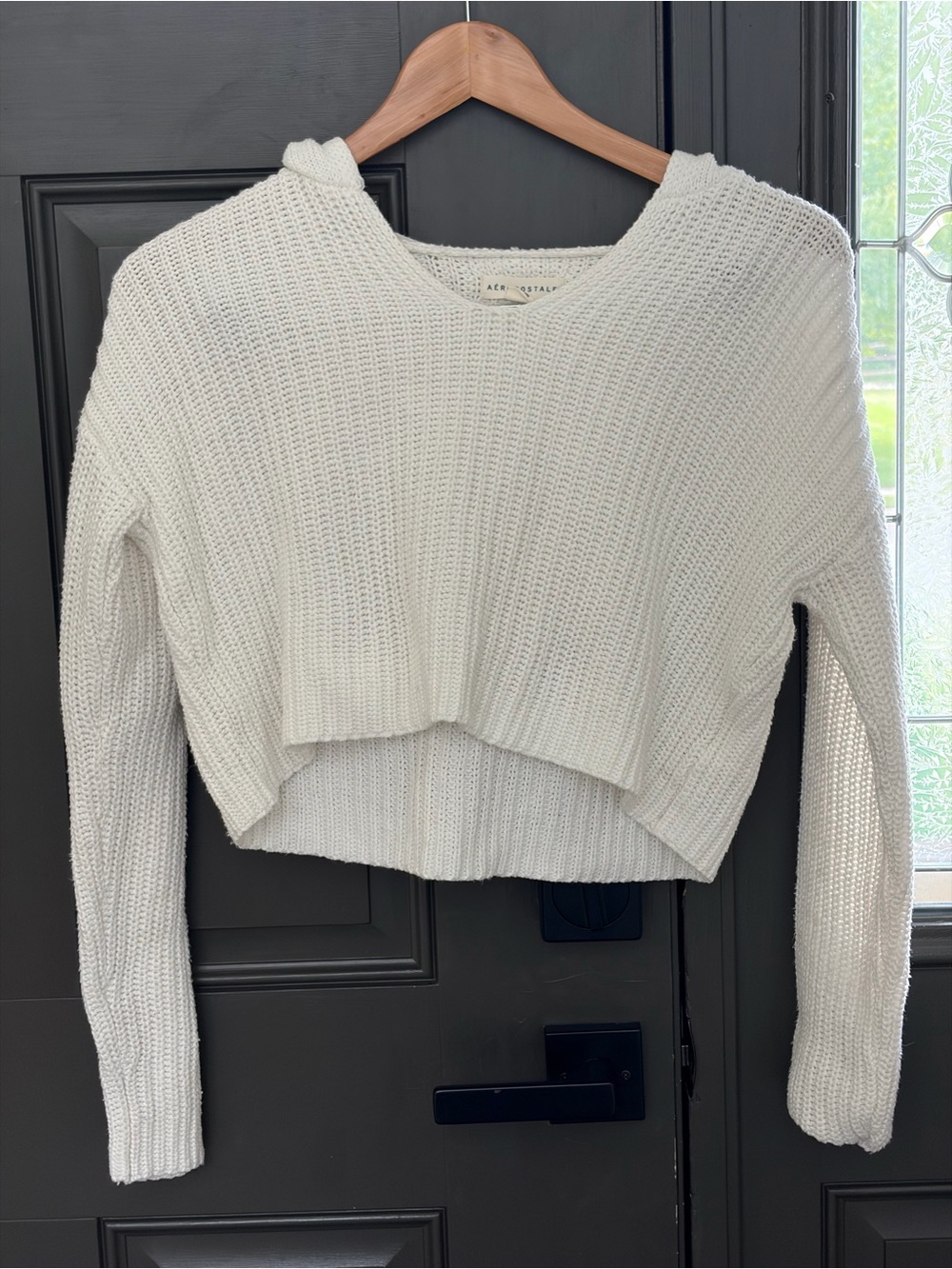 Aeropostale Cream Cropped Knit Hoodie Sweater